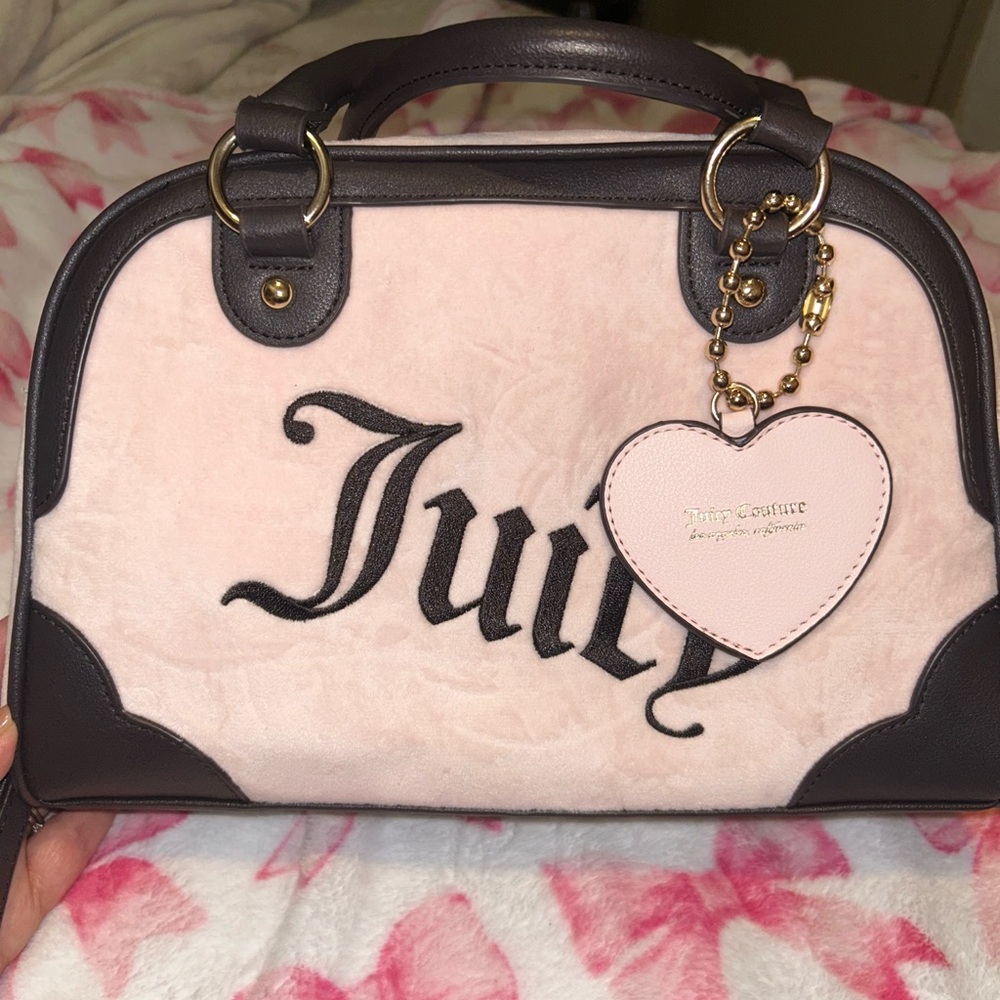Juicy Couture Pink Velvet Satchel with Dark Brown Trim & Heart Charm